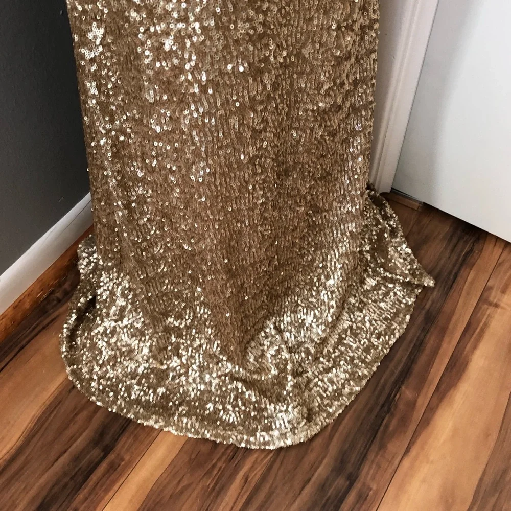 🔴CLEARANCE NEW FAVIANA SZ 4 GOLD NUDE ILLUSION SEQUIN STRAPLESS CUT OUT GOWN - Picture 11 of 12